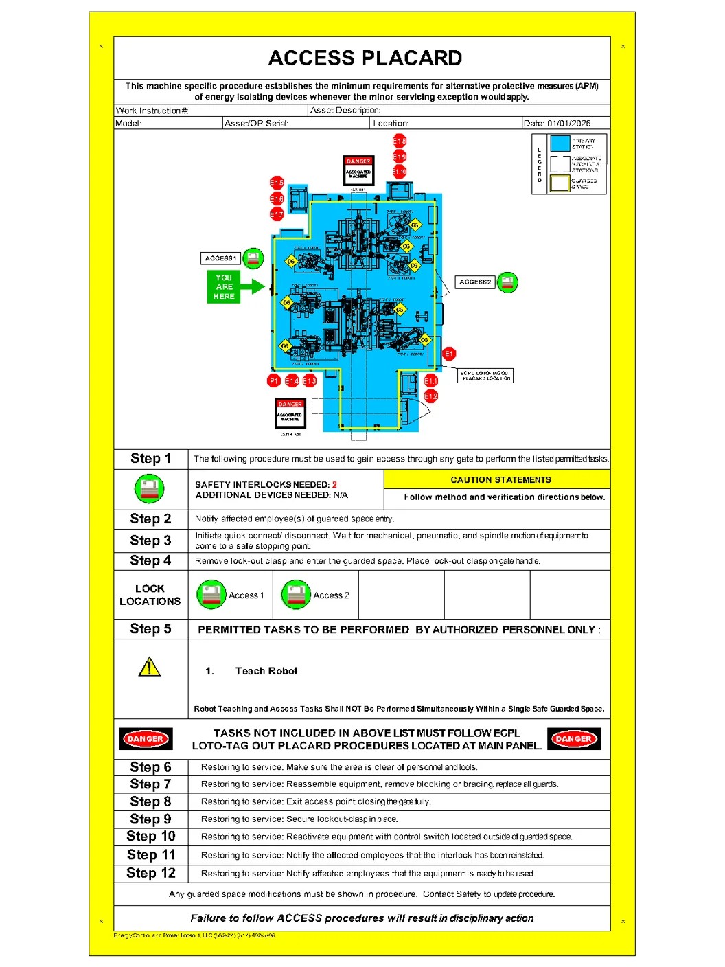 OSHA-compliant access control placard installed at an interlock gated entry to a robotic cell