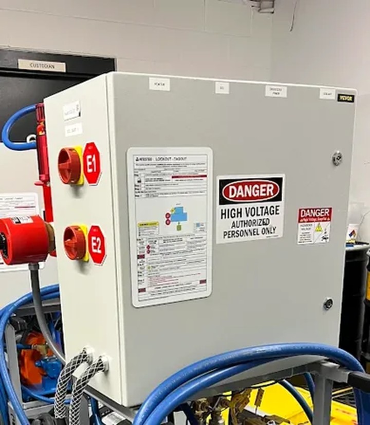 High voltage panel lockout tagout installed on industrial electrical disconnect